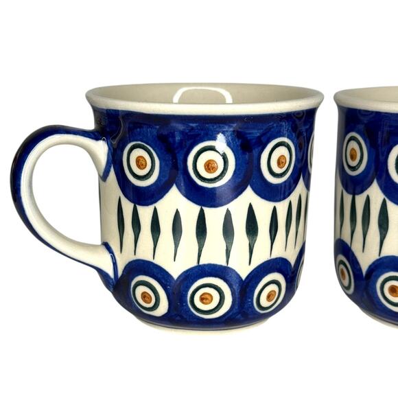 Boleslawiec Polish Pottery Peacock Mugs Pair of 2 Handmade Stoneware - Picture 4 of 9
